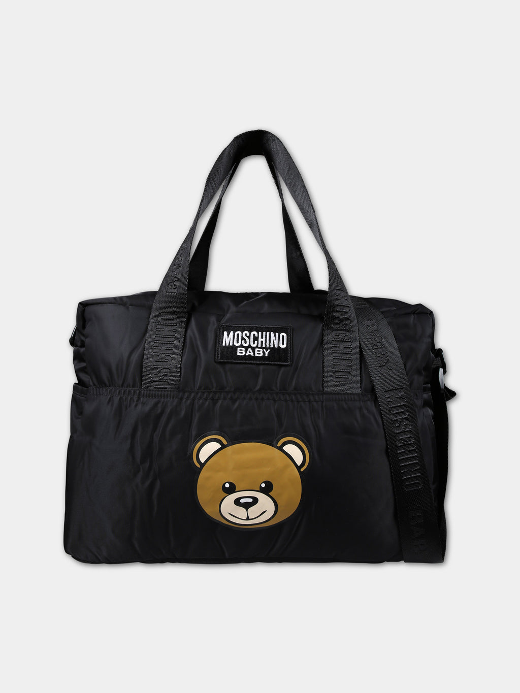 Black mom bag for babies with Teddy bear and logo